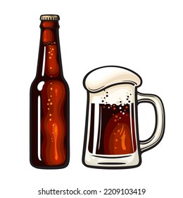 Botella de vidrio oscuro y gran taza de cerveza con espuma y burbujas. Elementos de diseño para la producción de cerveza en cervecería o bar, cervecería, festivales de cerveza. Ilustración vectorial dibujada a mano aislada en blanco.