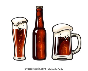 Dark glass bottle and big mug and Weizen glass full of beer with foam and bubbles. Design element for beer prodaction, brewery, pub and bar decoration. Hand drawn vector illustration isolated on white