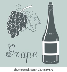 dark glass bottle with a label and a cork on a gray isolated background with a grape cluster with the inscription, vector clip art