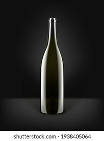 Dark Glass Bottle With Wine On Black Background. Mockup For Design