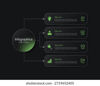 Plantilla de gráfico de vidrio oscuro para visualización de datos. Diseño de infografía con iconos de negocios y marketing y espacio para datos