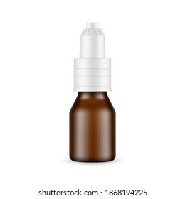 Dark Glass Dropper Bottle Mockup, Isolated on White Background. Nasal Drops Packaging, Front View. Vector Illustration