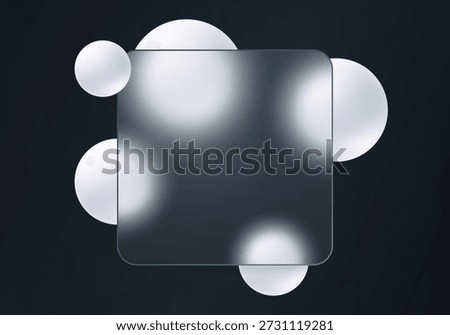 Dark glass morphism background with frosted glass panel and soft white spheres.