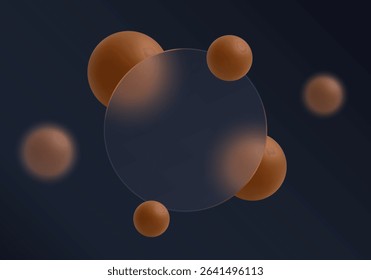 Dark glass morphism circle panel with brown spheres