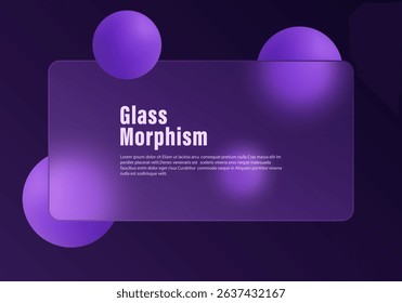Dark glass morphism layout with frosted panel and vibrant purple 3D spheres on a deep violet background.