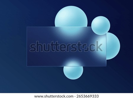 Dark glass morphism panel with light blue spheres on navy background.