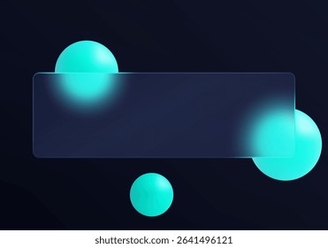 Dark glass morphism UI panel with cyan glowing spheres