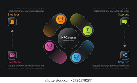 Gráfico circular de vidrio oscuro dividido en 4 partes iguales. Diseño de Vector para visualización de datos.