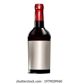 Dark glass red wine bottle with blank label isolated on white background, mockup. Realistic vector illustration