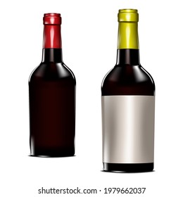 Dark glass red wine bottle isolated on white background, mock-up. Realistic vector illustration