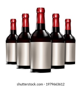 Dark glass red wine bottles with blank labels isolated on white background. Realistic illustration. Vector mock-up