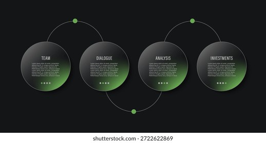 Dark glass round elements with bright green accents for data visualization. Stylish modern infographic design with frosted glass effect.