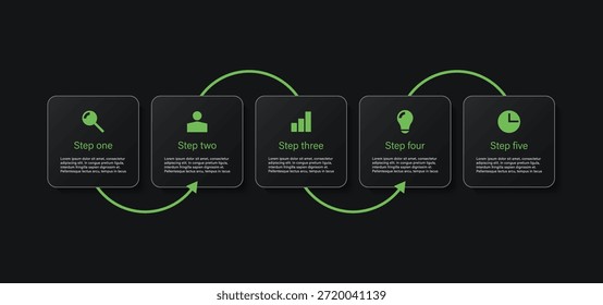 Plantilla de infografía moderna Horizontal de Vector de vidrio oscuro con procesos de 5 pasos. Diseño minimalista de infografías con acentos verdes brillantes