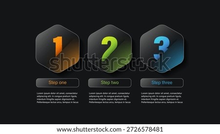 Dark glass vector modern infographics template. Three hexagonal matte glass elements with colored highlights arranged horizontally.