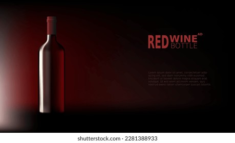 Botella De Vino De Vidrio Oscuro En Plantilla Publicitaria De Fondo Negro. Vector EPS10