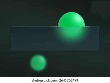 Dark glassmorphism panel with glowing green spheres
