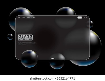 Design de interface do usuário com morfismo de vidro escuro com esferas pretas brilhantes em um fundo preto minimalista. Conceito elegante, elegante e futurista para elementos premium da Web ou da UI.