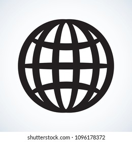 Dark glob orb on white backdrop. Emblem concept in contour graphic style with space for text
