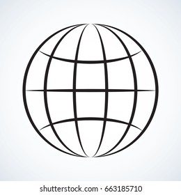 Dark glob orb on white backdrop. Emblem concept in contour graphic style with space for text