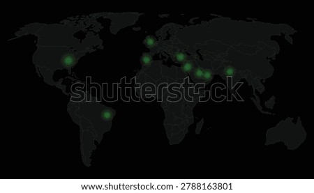 Dark global network map. Glowing city points, world atlas. Country outlines for international business, data visualization, cybersecurity, logistics, fintech dashboard. Digital connection delivery UI