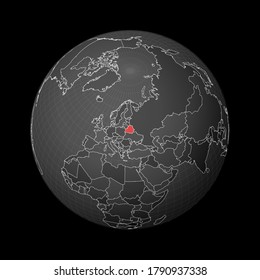 Dark globe centered to Belarus. Country highlighted with red color on world map. Satellite world projection. Superb vector illustration.