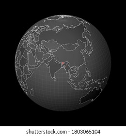 Dark globe centered to Bhutan. Country highlighted with red color on world map. Satellite world projection. Artistic vector illustration.