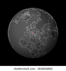 Dark globe centered to Bosnia and Herzegovina. Country highlighted with red color on world map. Satellite world projection. Stylish vector illustration.