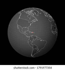 Dark globe centered to Dominicana. Country highlighted with red color on world map. Satellite world projection. Vibrant vector illustration.