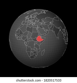 Dark globe centered to Ethiopia. Country highlighted with red color on world map. Satellite world projection. Awesome vector illustration.