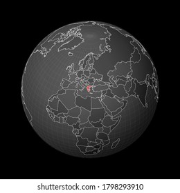 Dark globe centered to Greece. Country highlighted with red color on world map. Satellite world projection. Superb vector illustration.
