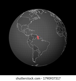 Dark globe centered to Guyana. Country highlighted with red color on world map. Satellite world projection. Amazing vector illustration.