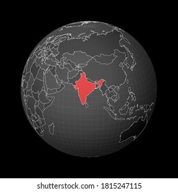 El mundo oscuro se centró en la India. País resaltado con color rojo en el mapa del mundo. Proyección mundial por satélite. Impresionante ilustración vectorial.