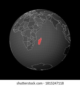 El mundo oscuro se centró en Madagascar. País resaltado con color rojo en el mapa del mundo. Proyección mundial por satélite. Ilustración vectorial genial.