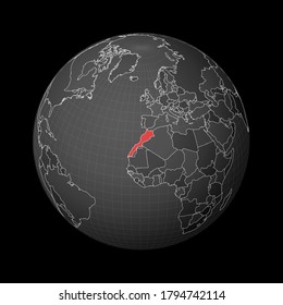 Dark globe centered to Morocco. Country highlighted with red color on world map. Satellite world projection. Charming vector illustration.