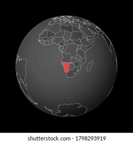 Dunkler Globus im Zentrum Namibias. Land mit roter Farbe auf der Weltkarte. Satellitenweltprojektion. Beeindruckende Vektorgrafik.