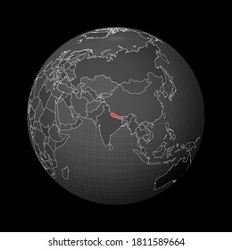 Dunkler Globus im Zentrum Nepals. Land mit roter Farbe auf der Weltkarte. Satellitenweltprojektion. Schöne Vektorgrafik.