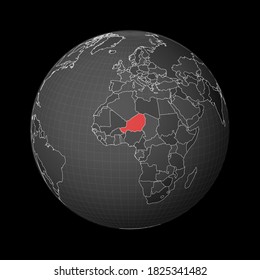 Dark globe centered to Niger. Country highlighted with red color on world map. Satellite world projection. Artistic vector illustration.