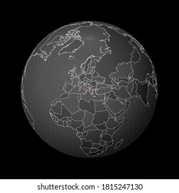 Dark globe centered on Albania. The country is highlighted in red on a world map. Satellite world projection. Artistic vector illustration.