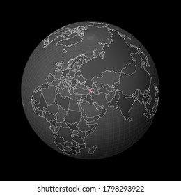 El mundo oscuro se centró en Armenia. País resaltado con color rojo en el mapa del mundo. Proyección mundial por satélite. Auténtica ilustración vectorial.