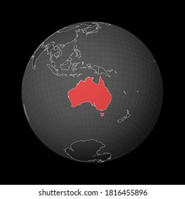 Dark globe centered on Australia. Country highlighted with red color on world map. Satellite world projection. Captivating vector illustration.