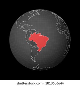 El mundo oscuro se centró en Brasil. País resaltado con color rojo en el mapa del mundo. Proyección mundial por satélite. Increíble ilustración vectorial.