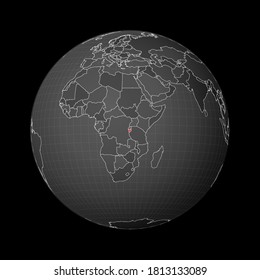 Dark globe centered on Burundi. Country highlighted in red on a world map. Satellite world projection. Cool vector illustration.