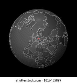 Dark globe centered on the Czech Republic. Country highlighted with red color on world map. Satellite world projection. Radiant vector illustration.
