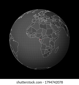 Dark globe centered on Equatorial Guinea. Country highlighted in red on world map. Satellite world projection. Stylish vector illustration.