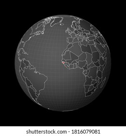 Dark globe centered on Guinea-Bissau. Country highlighted with red color on world map. Satellite world projection. Radiant vector illustration.