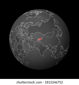 Dark globe centered on Kyrgyzstan. Country highlighted with red color on world map. Satellite world projection. Stylish vector illustration.