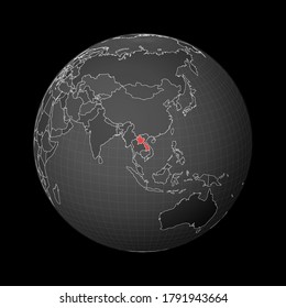 El mundo oscuro se centró en Laos. País resaltado con color rojo en el mapa del mundo. Proyección mundial por satélite. Increíble ilustración vectorial.