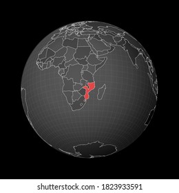 Dark globe centered on Mozambique. The country is highlighted in red on a world map. Satellite world projection. Stylish vector illustration.