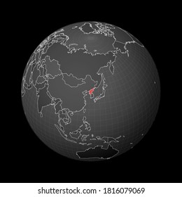 Dark globe centered on North Korea. Country highlighted with red color on world map. Satellite world projection. Radiant vector illustration.