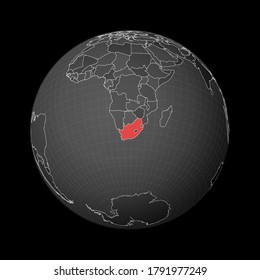 Dunkler Globus mit Südafrika. Land mit roter Farbe auf der Weltkarte. Satellitenweltprojektion. Stilvolle Vektorgrafik.